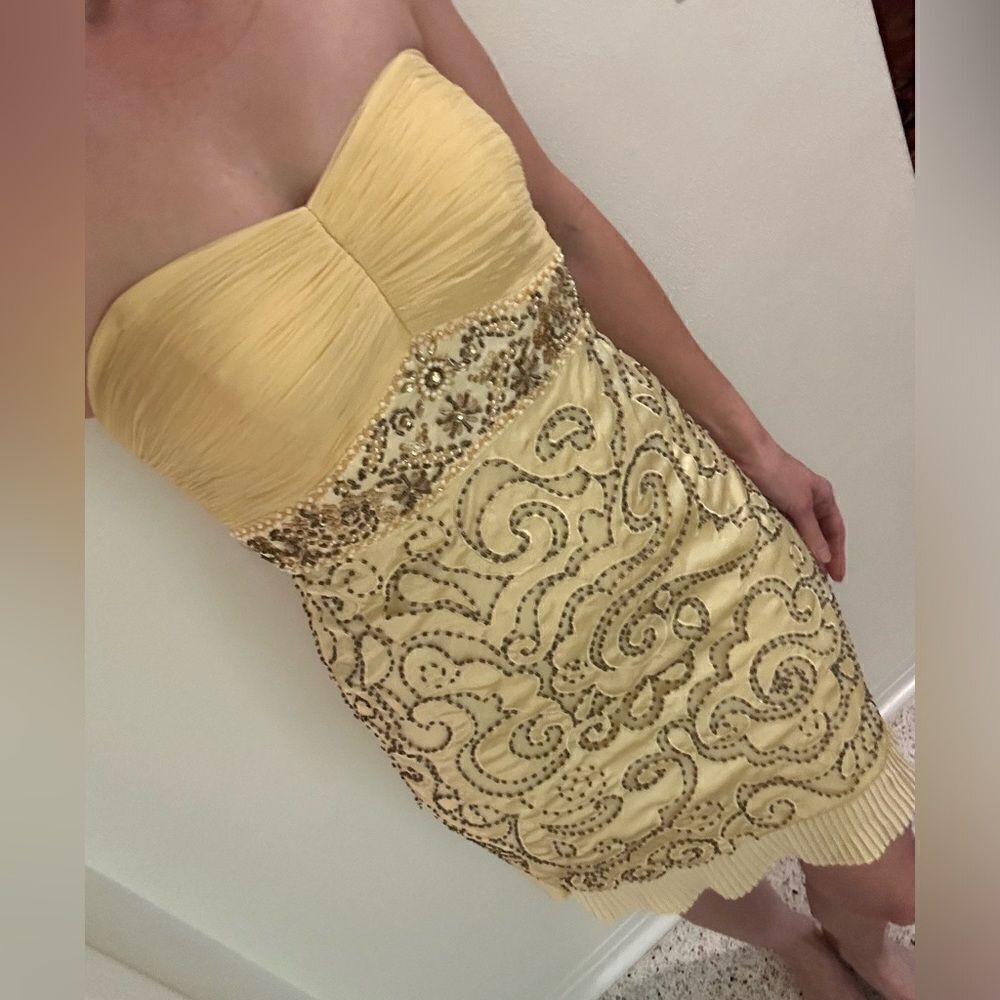 Sue Wong Nocturne yellow bead beaded chiffon cocktail sweetheart mini dress